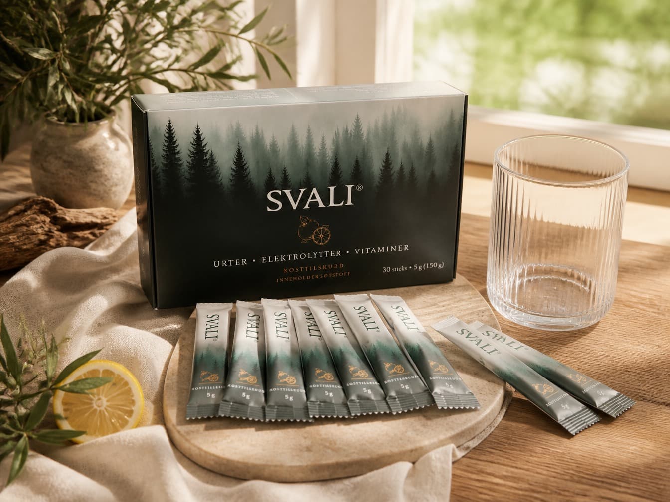 SVALI-pakke med sticks, glass og sitron på et kjøkkenbord